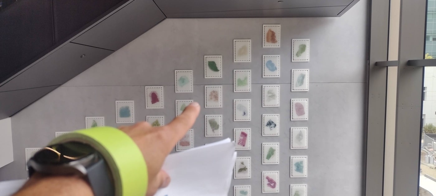 Reviewing sample placements on a wall during a site survey