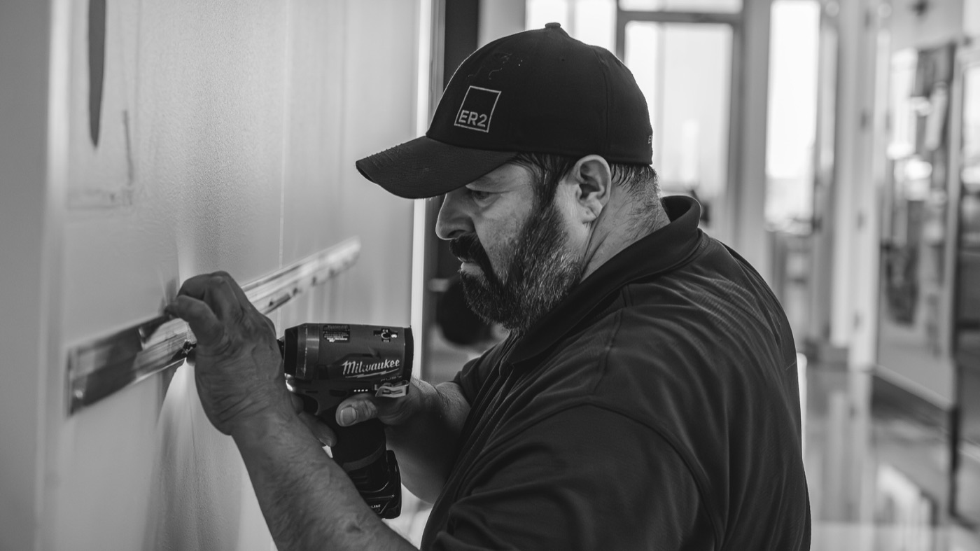 ER2 installer applying a large graphic during a professional installation